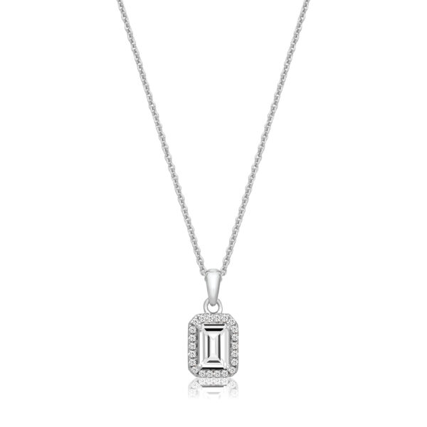 Silver & Co Emerald Shape Halo Style Pendant With Chain