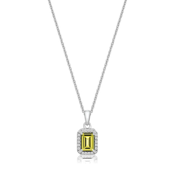 Silver & Co Yellow Coloured Emerald Cut Halo Style Pendant With Chain